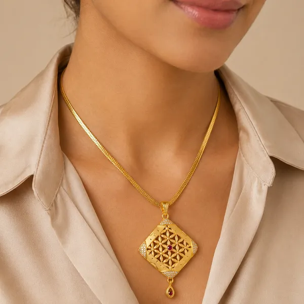 Golden_Plated_Square_Pendant_Necklace_And_Earrings_Set_For_Women