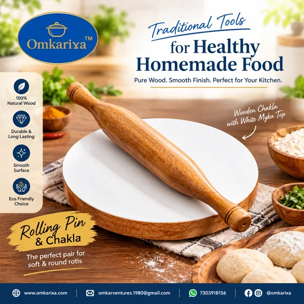 OMKARIXA_Wooden_Chakla_Belan_Set,_9.5_Inch_Rolling_Board_with_13_Inch_Rolling_Pin_for_Roti,_Chapati,_Paratha_&_Dough_Rolling