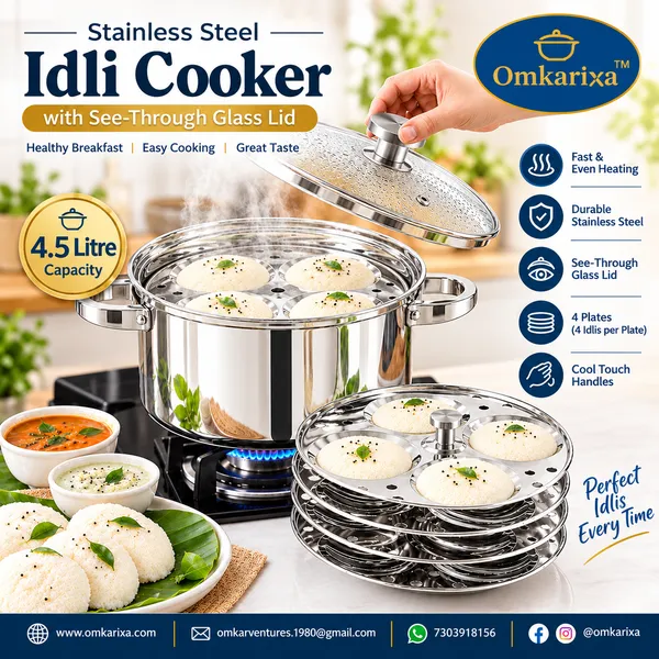 OMKARIXA_Stainless_Steel_Idli_Cooker_4.5_Litre_with_Glass_Lid,_4_Plates,_16_Idli_Capacity,_Induction_&_Gas_Compatible