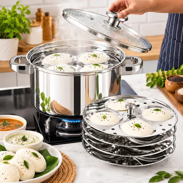 OMKARIXA_Stainless_Steel_Idli_Cooker_4.5_Litre_with_Glass_Lid,_4_Plates,_16_Idli_Capacity,_Induction_&_Gas_Compatible