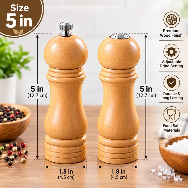 OMKARIXA_Wooden_Salt_&_Pepper_Shaker_Set_of_2_|_Elegant_Brown_Cruet_Set_with_Adjustable_Ceramic_Grinder_|_Manual_Salt_Pepper_Mill_for_Dining_Table,_Kitchen_&_Restaurant_Use