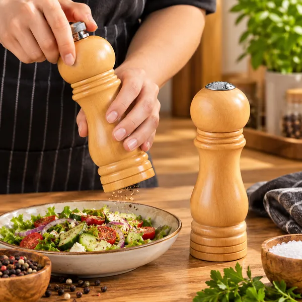 OMKARIXA_Wooden_Salt_&_Pepper_Shaker_Set_of_2_|_Elegant_Brown_Cruet_Set_with_Adjustable_Ceramic_Grinder_|_Manual_Salt_Pepper_Mill_for_Dining_Table,_Kitchen_&_Restaurant_Use