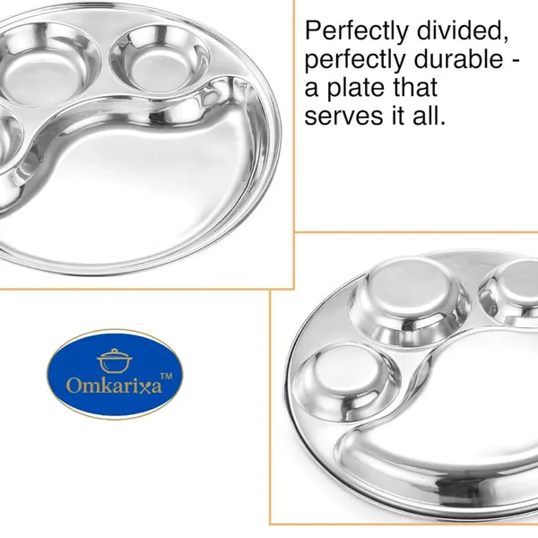 OMKARIXA_Heavy_Duty_Stainless_Steel_Round_Dinner_Plate_with_4_Sections_|_Divided_Mess_Tray_for_Lunch,_Camping_&_Daily_Use_|_Rust-Free_&_Durable_Thali_Set_|_Set_of_2_Pieces