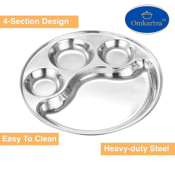 OMKARIXA_Heavy_Duty_Stainless_Steel_Round_Dinner_Plate_with_4_Sections_|_Divided_Mess_Tray_for_Lunch,_Camping_&_Daily_Use_|_Rust-Free_&_Durable_Thali_Set_|_Set_of_2_Pieces