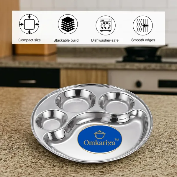 OMKARIXA_Heavy_Duty_Stainless_Steel_Round_Dinner_Plate_with_4_Sections_|_Divided_Mess_Tray_for_Lunch,_Camping_&_Daily_Use_|_Rust-Free_&_Durable_Thali_Set_|_Set_of_2_Pieces