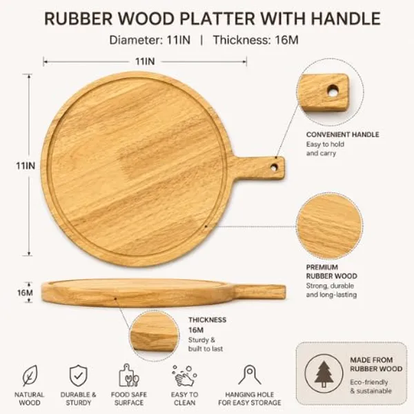 OMKARIXA_Round_Wooden_Pizza_Serving_Board_|_Natural_Rubber_Wood_Platter_with_Handle_|_Wooden_Pizza_Board_for_Serving_Pizza,_Cheese,_Bread,_Snacks_&_Charcuterie_|_Kitchen_&_Dining_Serving_Tray_(11_Inch)
