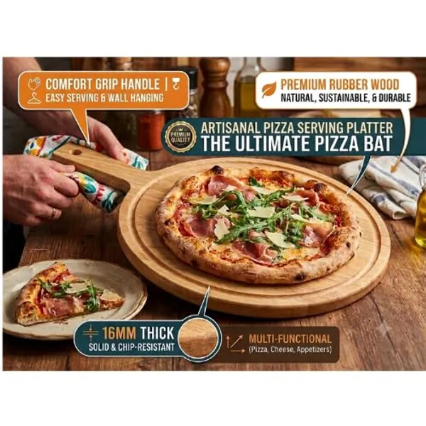 OMKARIXA_Round_Wooden_Pizza_Serving_Board_|_Natural_Rubber_Wood_Platter_with_Handle_|_Wooden_Pizza_Board_for_Serving_Pizza,_Cheese,_Bread,_Snacks_&_Charcuterie_|_Kitchen_&_Dining_Serving_Tray_(9_Inch)