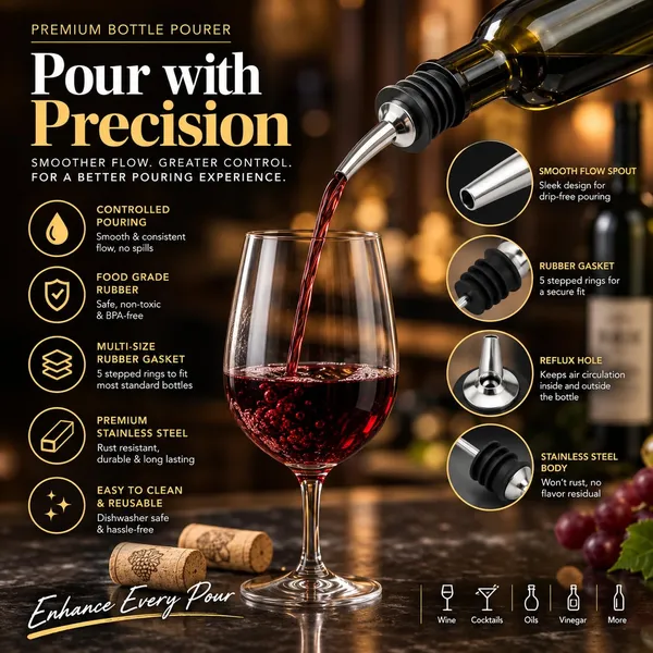 OMKARIXA_Stainless_Steel_Wine_&_Oil_Pourer_|_Free_Flow_Bottle_Pour_Spout_with_Tapered_Nozzle_|_Bartender_Pourer_for_Wine,_Oil,_Vinegar_&_Syrups_|_Set_of_2