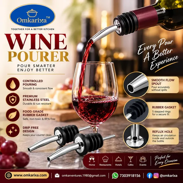OMKARIXA_Stainless_Steel_Wine_&_Oil_Pourer_|_Free_Flow_Bottle_Pour_Spout_with_Tapered_Nozzle_|_Bartender_Pourer_for_Wine,_Oil,_Vinegar_&_Syrups_|_Set_of_2