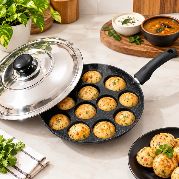 OMKARIXA_Aluminium_Nonstick_12_Cavity_Appam_Patra_Pan_with_Steel_Lid,_Black,_Single_Bakelite_Handle,_Gas_Stove_Compatible