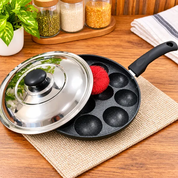 OMKARIXA_Aluminium_Nonstick_12_Cavity_Appam_Patra_Pan_with_Steel_Lid,_Black,_Single_Bakelite_Handle,_Gas_Stove_Compatible