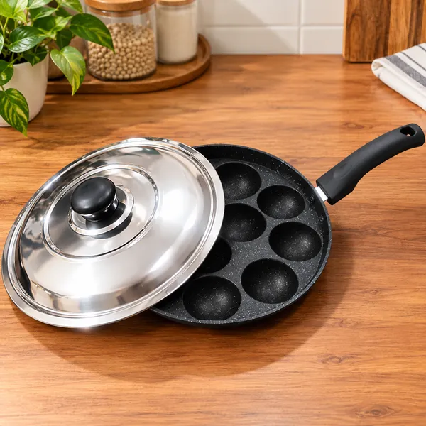 OMKARIXA_Aluminium_Nonstick_12_Cavity_Appam_Patra_Pan_with_Steel_Lid,_Black,_Single_Bakelite_Handle,_Gas_Stove_Compatible