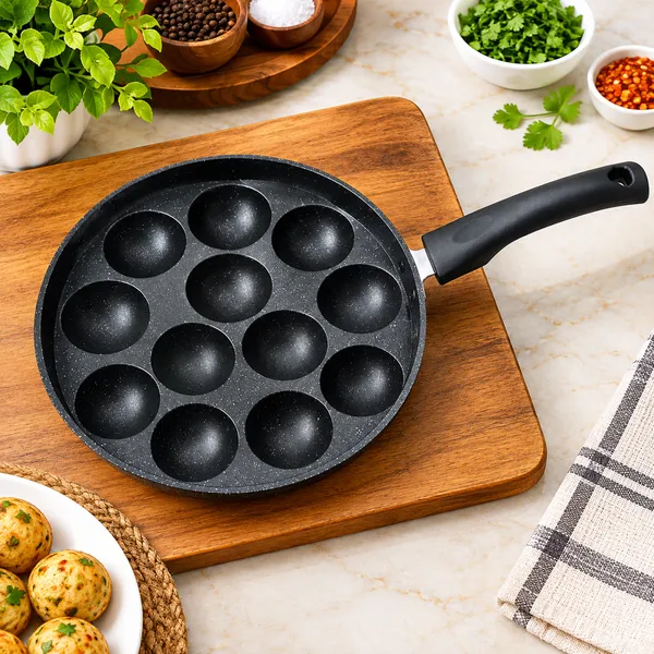 OMKARIXA_Aluminium_Nonstick_12_Cavity_Appam_Patra_Pan_with_Steel_Lid,_Black,_Single_Bakelite_Handle,_Gas_Stove_Compatible