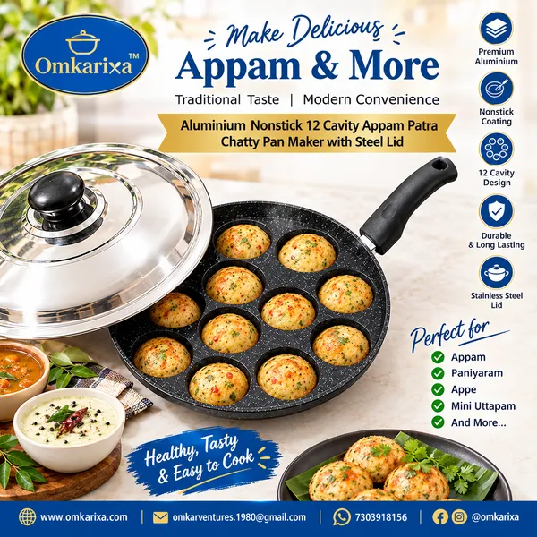 OMKARIXA_Aluminium_Nonstick_12_Cavity_Appam_Patra_Pan_with_Steel_Lid,_Black,_Single_Bakelite_Handle,_Gas_Stove_Compatible