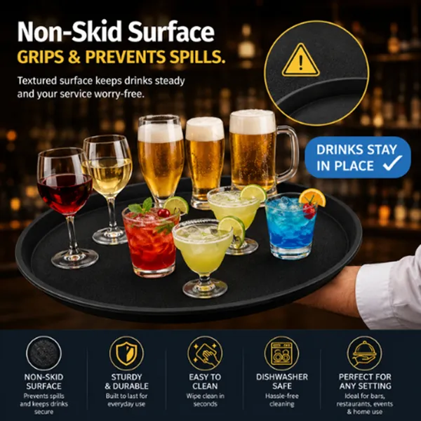 OMKARIXA_Non-Slip_Round_Serving_Tray_14_Inch_|_Anti-Skid_Food_Service_Tray_for_Hotels,_Restaurants,_Cafes_&_Bars_|_Black