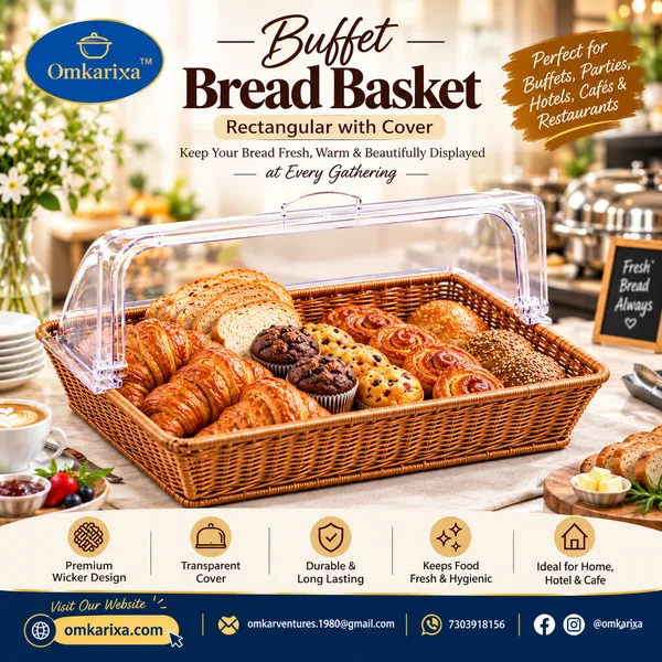 OMKARIXA_Rectangular_Buffet_Bread_Basket_with_Cover,_53_x_33_x_26_cm,_Bread_Serving_Basket_for_Hotel,_Restaurant_&_Buffet
