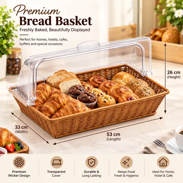 OMKARIXA_Rectangular_Buffet_Bread_Basket_with_Cover,_53_x_33_x_26_cm,_Bread_Serving_Basket_for_Hotel,_Restaurant_&_Buffet