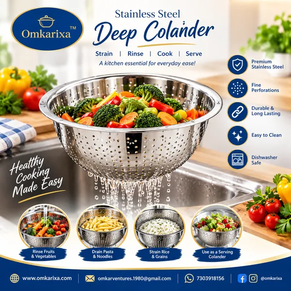 OMKARIXA_Stainless_Steel_Colander_Bowl_22_cm,_Food_Strainer_for_Washing_Rice,_Fruits_&_Vegetables,_Draining_Pasta_and_Kitchen_Use