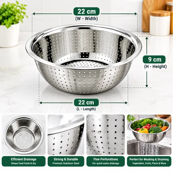 OMKARIXA_Stainless_Steel_Colander_Bowl_22_cm,_Food_Strainer_for_Washing_Rice,_Fruits_&_Vegetables,_Draining_Pasta_and_Kitchen_Use