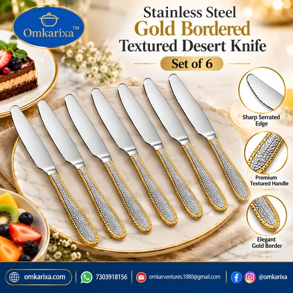 OMKARIXA_Stainless_Steel_Gold_Look_Desert_Knife_Set_of_6,_Silver_Checks_Design_Butter_Knives,_25_cm