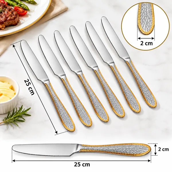 OMKARIXA_Stainless_Steel_Gold_Look_Desert_Knife_Set_of_6,_Silver_Checks_Design_Butter_Knives,_25_cm
