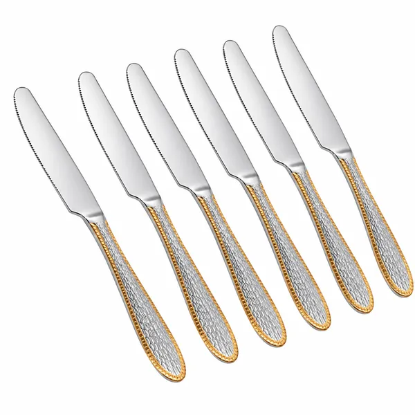 OMKARIXA_Stainless_Steel_Gold_Look_Desert_Knife_Set_of_6,_Silver_Checks_Design_Butter_Knives,_25_cm