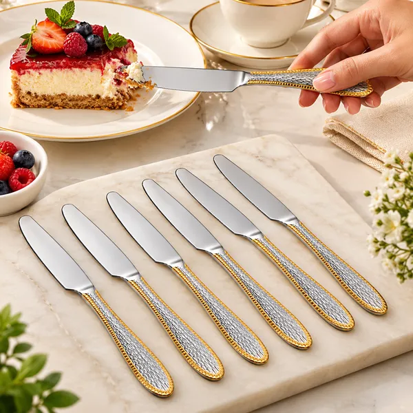 OMKARIXA_Stainless_Steel_Gold_Look_Desert_Knife_Set_of_6,_Silver_Checks_Design_Butter_Knives,_25_cm
