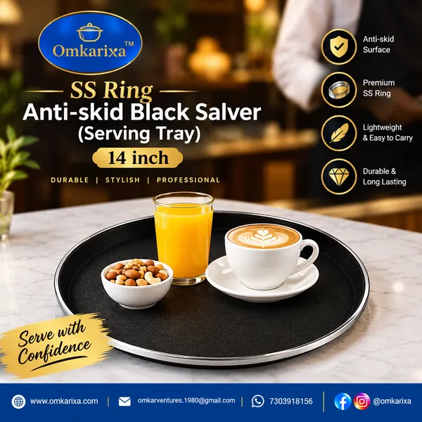 OMKARIXA_Stainless_Steel_Serving_Tray_14_Inch,_Black_Anti-Skid_Ring_Salver_for_Home,_Hotel,_Restaurant_&_Catering
