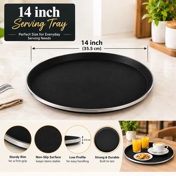 OMKARIXA_Stainless_Steel_Serving_Tray_14_Inch,_Black_Anti-Skid_Ring_Salver_for_Home,_Hotel,_Restaurant_&_Catering
