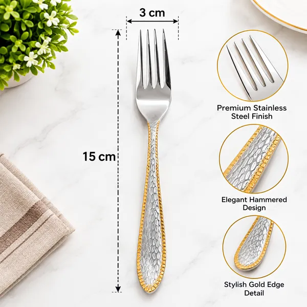 OMKARIXA_Stainless_Steel_Textured_Fork_Set_of_6,_Gold_Bordered_Elegant_Decorative_Handle_Forks_for_Dining,_Serving,_Home_&_Restaurant_Use