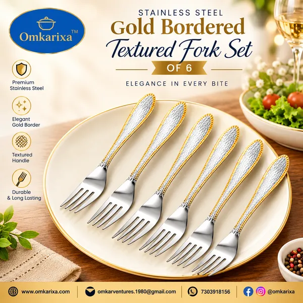 OMKARIXA_Stainless_Steel_Textured_Fork_Set_of_6,_Gold_Bordered_Elegant_Decorative_Handle_Forks_for_Dining,_Serving,_Home_&_Restaurant_Use