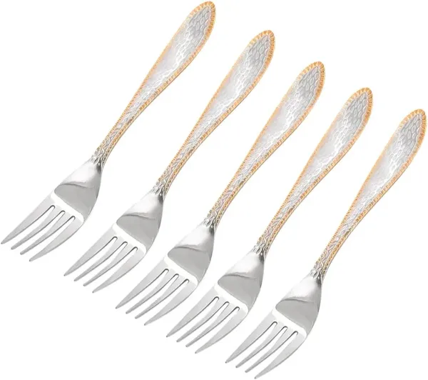 OMKARIXA_Stainless_Steel_Textured_Fork_Set_of_6,_Gold_Bordered_Elegant_Decorative_Handle_Forks_for_Dining,_Serving,_Home_&_Restaurant_Use