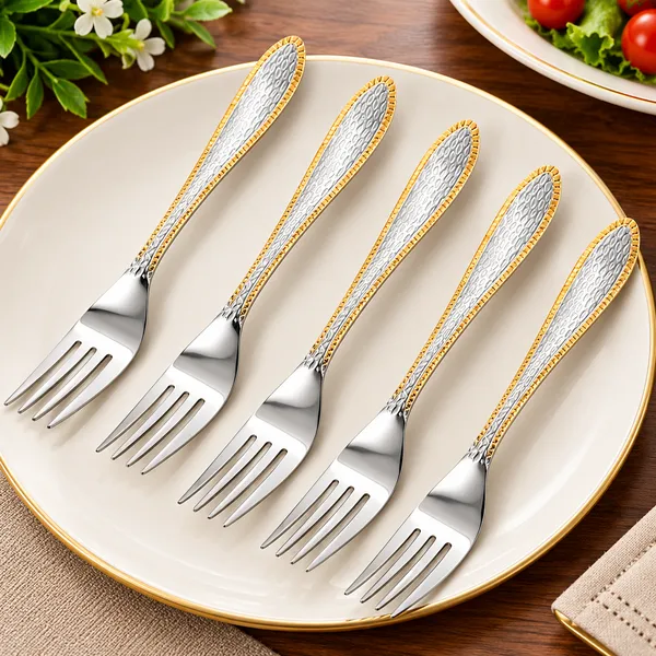 OMKARIXA_Stainless_Steel_Textured_Fork_Set_of_6,_Gold_Bordered_Elegant_Decorative_Handle_Forks_for_Dining,_Serving,_Home_&_Restaurant_Use
