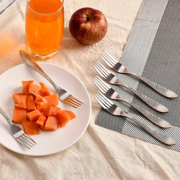 OMKARIXA_Stainless_Steel_Textured_Fork_Set_of_6,_Gold_Bordered_Elegant_Decorative_Handle_Forks_for_Dining,_Serving,_Home_&_Restaurant_Use