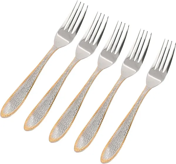 OMKARIXA_Stainless_Steel_Textured_Fork_Set_of_6,_Gold_Bordered_Elegant_Decorative_Handle_Forks_for_Dining,_Serving,_Home_&_Restaurant_Use