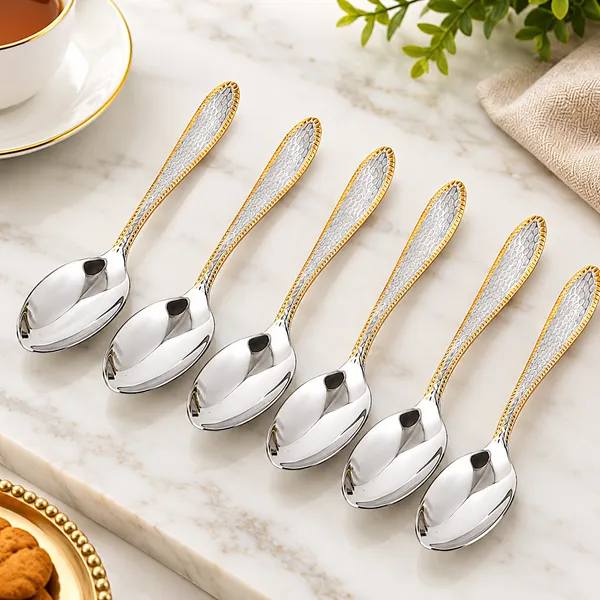 OMKARIXA_Stainless_Steel_Textured_Spoons_Set_of_6,_Gold_Bordered_Decorative_Spoons_for_Tea,_Coffee,_Desserts_&_Everyday_Use