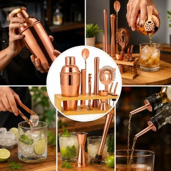 OMKARIXA_11-Piece_Premium_Barware_Set_with_Wooden_Stand_|_Rose_Gold_Finish_Stainless_Steel_Cocktail_Shaker_Kit_|_Includes_Shaker,_Strainer,_Jigger,_Mixing_Spoon,_Ice_Tongs_&_Bar_Accessories