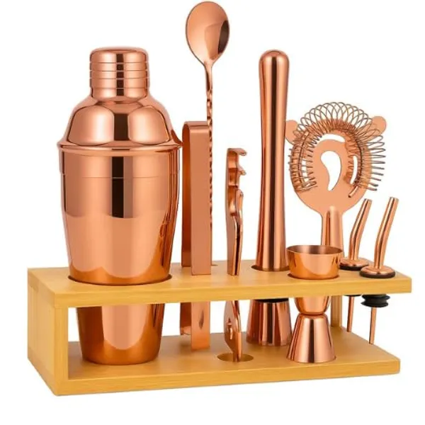 OMKARIXA_11-Piece_Premium_Barware_Set_with_Wooden_Stand_|_Rose_Gold_Finish_Stainless_Steel_Cocktail_Shaker_Kit_|_Includes_Shaker,_Strainer,_Jigger,_Mixing_Spoon,_Ice_Tongs_&_Bar_Accessories