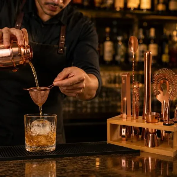 OMKARIXA_11-Piece_Premium_Barware_Set_with_Wooden_Stand_|_Rose_Gold_Finish_Stainless_Steel_Cocktail_Shaker_Kit_|_Includes_Shaker,_Strainer,_Jigger,_Mixing_Spoon,_Ice_Tongs_&_Bar_Accessories