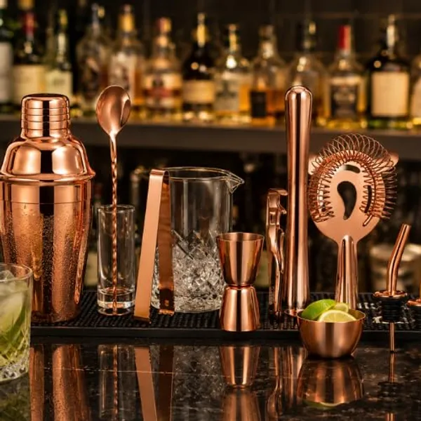 OMKARIXA_11-Piece_Premium_Barware_Set_with_Wooden_Stand_|_Rose_Gold_Finish_Stainless_Steel_Cocktail_Shaker_Kit_|_Includes_Shaker,_Strainer,_Jigger,_Mixing_Spoon,_Ice_Tongs_&_Bar_Accessories