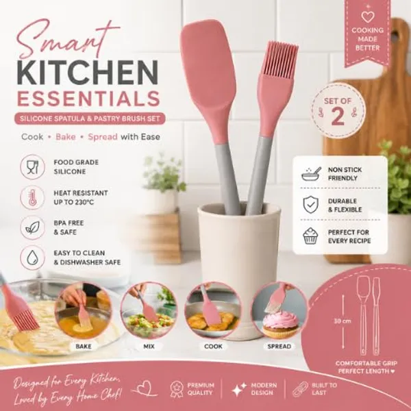 OMKARIXA_Full_Silicone_Spatula_and_Pastry_Brush_Set_|_Heat_Resistant_Kitchen_Tools_for_Cake_Mixing,_Grilling,_Tandoor,_Cooking,_Baking_&_BBQ_|_Oil_Brush_&_Silicone_Spatula_-_2_Piece_Set
