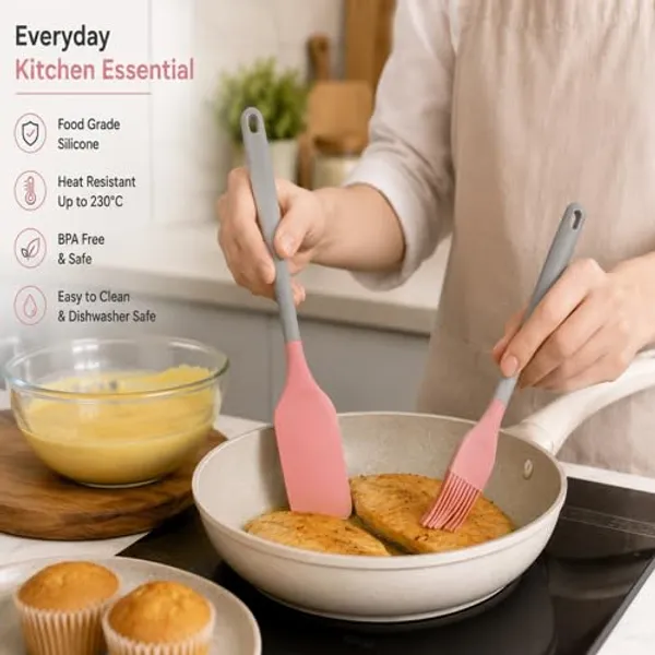 OMKARIXA_Full_Silicone_Spatula_and_Pastry_Brush_Set_|_Heat_Resistant_Kitchen_Tools_for_Cake_Mixing,_Grilling,_Tandoor,_Cooking,_Baking_&_BBQ_|_Oil_Brush_&_Silicone_Spatula_-_2_Piece_Set