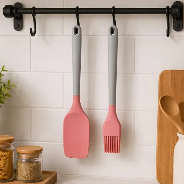 OMKARIXA_Full_Silicone_Spatula_and_Pastry_Brush_Set_|_Heat_Resistant_Kitchen_Tools_for_Cake_Mixing,_Grilling,_Tandoor,_Cooking,_Baking_&_BBQ_|_Oil_Brush_&_Silicone_Spatula_-_2_Piece_Set