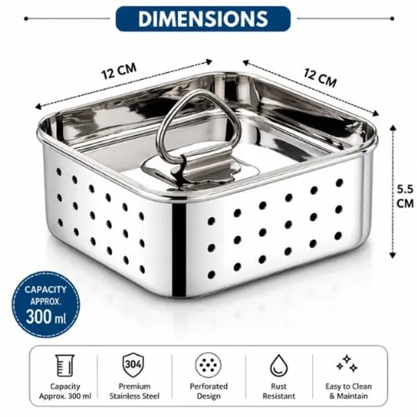 OMKARIXA_Stainless_Steel_Paneer_Maker_&_Sprout_Maker_|_Paneer_Mould,_Tofu_Press,_Sprouts_Container_with_Strainer_|_Food_Grade_Paneer_Press_for_Homemade_Paneer_&_Sprouts_|_Approx._300_ML,_Silver