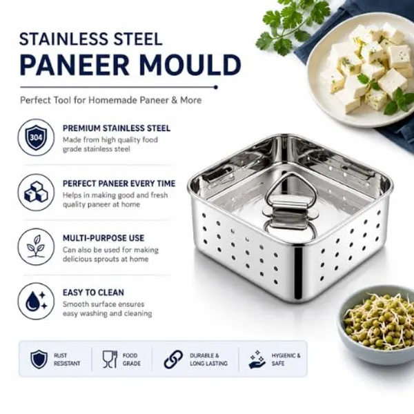 OMKARIXA_Stainless_Steel_Paneer_Maker_&_Sprout_Maker_|_Paneer_Mould,_Tofu_Press,_Sprouts_Container_with_Strainer_|_Food_Grade_Paneer_Press_for_Homemade_Paneer_&_Sprouts_|_Approx._300_ML,_Silver