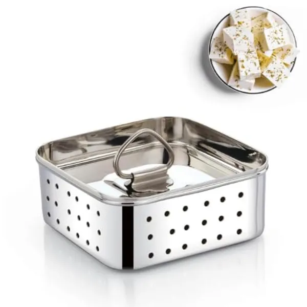 OMKARIXA_Stainless_Steel_Paneer_Maker_&_Sprout_Maker_|_Paneer_Mould,_Tofu_Press,_Sprouts_Container_with_Strainer_|_Food_Grade_Paneer_Press_for_Homemade_Paneer_&_Sprouts_|_Approx._300_ML,_Silver