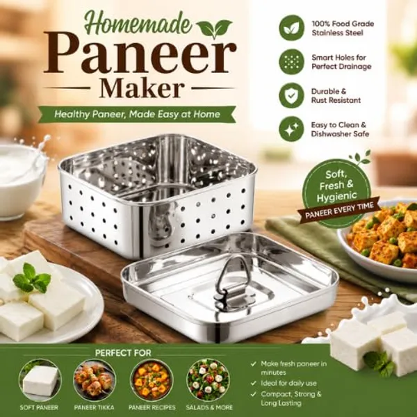 OMKARIXA_Stainless_Steel_Paneer_Maker_&_Sprout_Maker_|_Paneer_Mould,_Tofu_Press,_Sprouts_Container_with_Strainer_|_Food_Grade_Paneer_Press_for_Homemade_Paneer_&_Sprouts_|_Approx._300_ML,_Silver