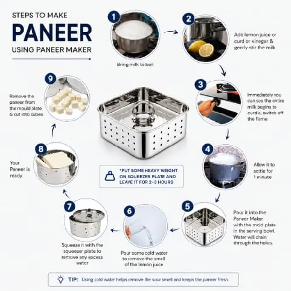 OMKARIXA_Stainless_Steel_Paneer_Maker_&_Sprout_Maker_|_Paneer_Mould,_Tofu_Press,_Sprouts_Container_with_Strainer_|_Food_Grade_Paneer_Press_for_Homemade_Paneer_&_Sprouts_|_Approx._300_ML,_Silver