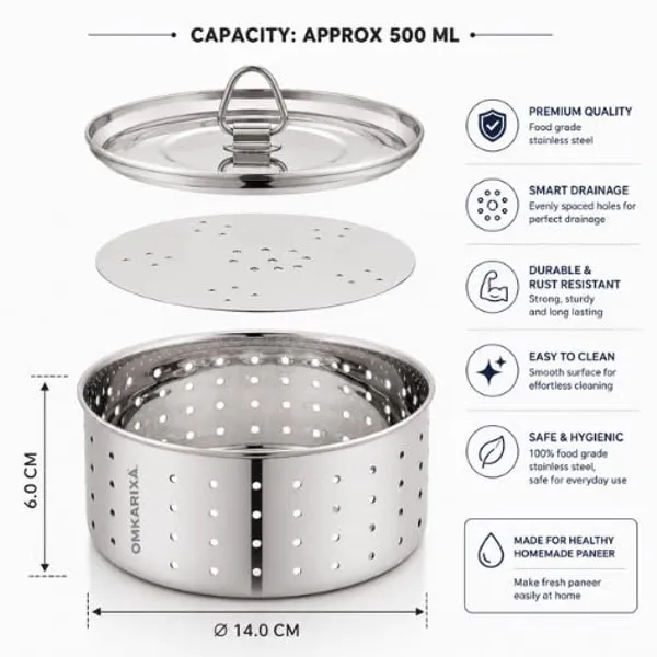 OMKARIXA_Stainless_Steel_Paneer_Maker_Mould_Medium_Size_|_Paneer_Press_with_Lid_|_Tofu_Press_Maker_&_Whey_Separator_|_Round_Shape_|_500_ML_Capacity_|_Silver