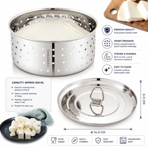 OMKARIXA_Stainless_Steel_Paneer_Maker_Mould_Medium_Size_|_Paneer_Press_with_Lid_|_Tofu_Press_Maker_&_Whey_Separator_|_Round_Shape_|_500_ML_Capacity_|_Silver